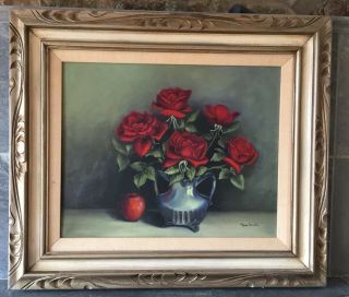 Mid Century Oil On Canvas Potted Roses Apple Carved Golden Wood Frame Signed