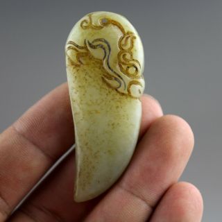 2.  3  Chinese Old Hetian Green Jade Hand - Carved Dragon Beast Teeth Pendant 1007
