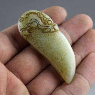 2.  3  Chinese old Hetian green jade hand - carved dragon beast teeth pendant 1007 2