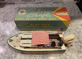 Vintage Wooden Flare Crafts Electric Power Driven Model Boat W/ Outboard Motor