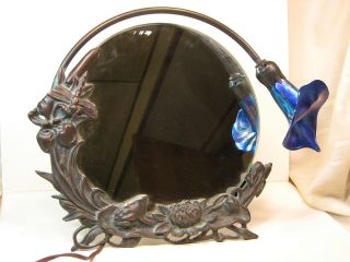 Vintage Art Nouveau Mirror,  Bronze Frog Lily Pond Frame And Calla Lily Shade