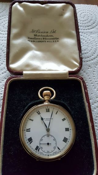 Vintage J W Benson 9ct Gold Open Face15 Jewel Pocket Watch - 1937 In Gwo C/w Box