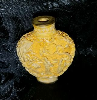 Rare Antique/vintage Chinese Snuff Bottle Deeply Carved Yellow Cinnabar Signed