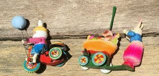 VINTAGE JAPAN WIND UP RABBIT IN STROLLING & RABBIT ON TRICYCLE EASTER TIN TOYS 2