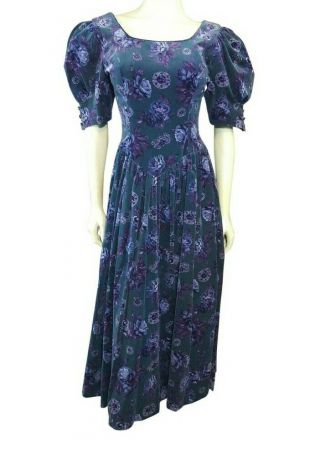 Vintage 80s Laura Ashley Us 12 Velveteen Dress Blue Purple Floral Victorian
