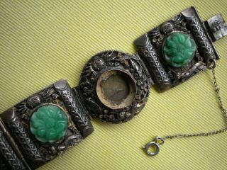 Antique China Sterling Silver Carved Jade Bracelet,  Sea Creatures,  1 missing 2