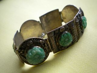 Antique China Sterling Silver Carved Jade Bracelet,  Sea Creatures,  1 missing 3