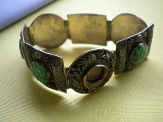 Antique China Sterling Silver Carved Jade Bracelet,  Sea Creatures,  1 missing 4