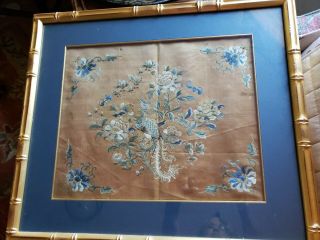 Antique 18th - 19th C.  Chinese Embroidery,  Floral,  Bird,  Shades Of Blue,  Framed