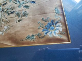 ANTIQUE 18th - 19th C.  Chinese Embroidery,  Floral,  Bird,  Shades of Blue,  Framed 3