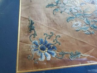 ANTIQUE 18th - 19th C.  Chinese Embroidery,  Floral,  Bird,  Shades of Blue,  Framed 6