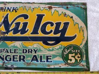 Large Vintage NuIcy Nu Icy Ginger Ale Embossed Metal Sign Approx 11 