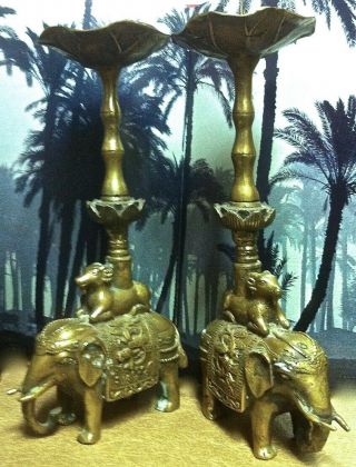 2 Two 11.  5 Inch Antique Cast Bronze Chinese Ram Seated On Elephant Candlesticks