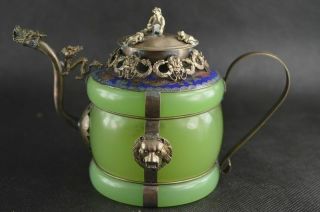 Collectible Vintage Chinese Tibetan silver Dragon Cloisonne Inlay Jade Teapot 2