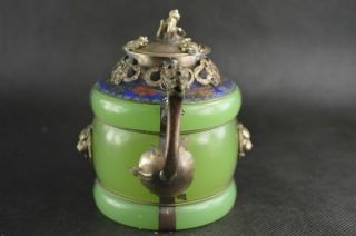 Collectible Vintage Chinese Tibetan silver Dragon Cloisonne Inlay Jade Teapot 3