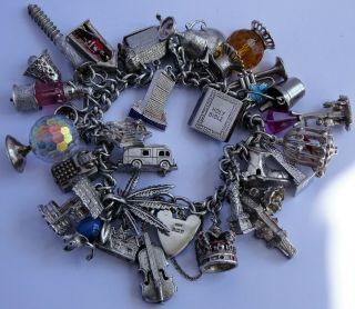 Vintage Solid Silver Charm Bracelet & 33 Charms.  Rare,  Open,  Move.  120.  6g