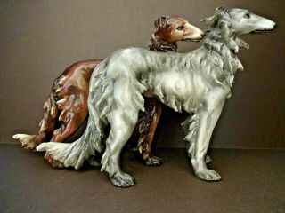 Vintage Italian Russian Borzoi Glazed Ceramic Dogs,  Signed.  C Mid 20thc.