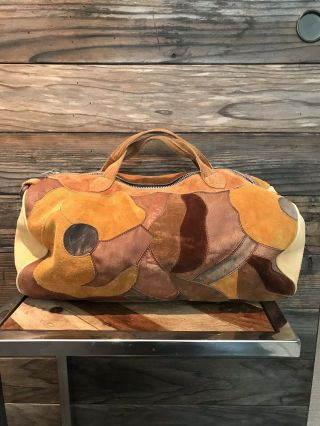 Rare Vintage 60’s Char Mexico Patchwork Leather Suede Duffel Bag Brown