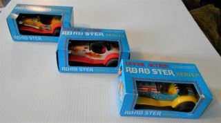 3 Vintage Tin Lever Action Roadster Cars Old Stock Nib T.  N 1970s All