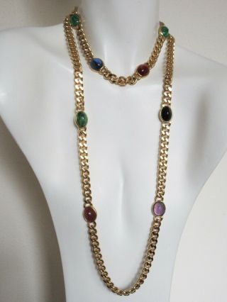 Vintage Ciner Gold Tone Metallic Chain Glass Cabochon Necklaces (pair)