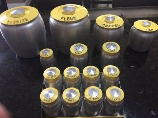 Vintage Yellow Kromex Spun Aluminum Spice Rack/shakers Set