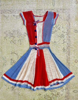 1930s 1940s Crochet Dress Ribbon Red White Blue Button