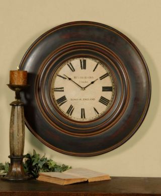 24 " Aged Wood Finish Round Wall Clock Large Roman Numbers Vintage Uttermost