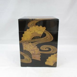 H860 Japanese tier of really old lacquered boxes JUBAKO with wonderful fan MAKIE 5