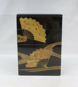 H860 Japanese tier of really old lacquered boxes JUBAKO with wonderful fan MAKIE 8