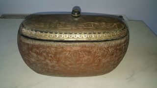 Vintage Indian Solid Wood Tea Caddy Box Copper Brass Plated Engraved 14 Inches