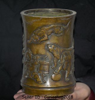 6.  4 " Marked Old China Bronze Dynasty Animal Tiger Tongzi Brush Pot Pencil Vase