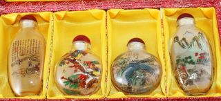 Set Of 4 Vintage - Glass - Snuff Bottles - Reverse Painted - Chinese - In Case