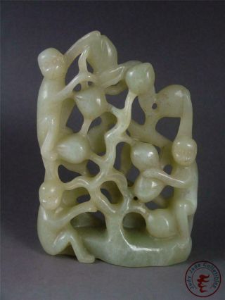 Fine Old Chinese Nephrite Celadon Jade Statue Monkeys & Peaches Auspicious