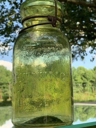 Vintage Lightning Citron Fruit Jar Quart Apple Green Lid Crack On The Lid