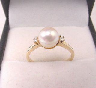 Cultured Akoya Pearl Pretty White 6.  85 Mm.  W/.  04 Tcw Diamonds 14k Gold Ring