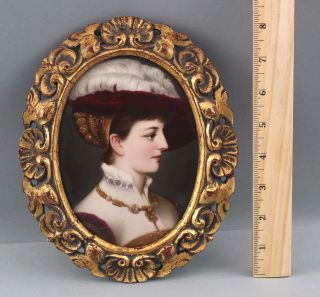 Antique 19thc Oval Porcelain Painting Young Victorian Woman,  Carved Gilt Frame