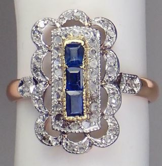 Glorious Antique French Art Deco 18k Rose Gold Over Diamond Sapphire Ring Sz 7