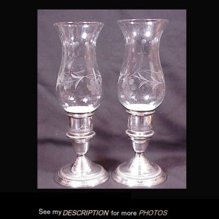 Antique Pair Lamerie Sterling Hurricane Candlestick Lamps Etched Floral Shades