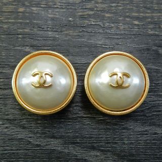 Chanel Gold Plated Cc Logos Imitation Pearl Vintage Clip Earrings 4265a Rise - On