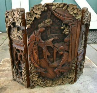 Antique Chinese Carved Wooden Small Screen Figures And Blossoms Carving