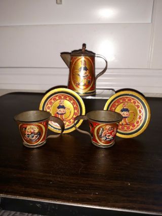 Vintage Tin Toy Tea Set " Squirrels & Nuts " Dishes