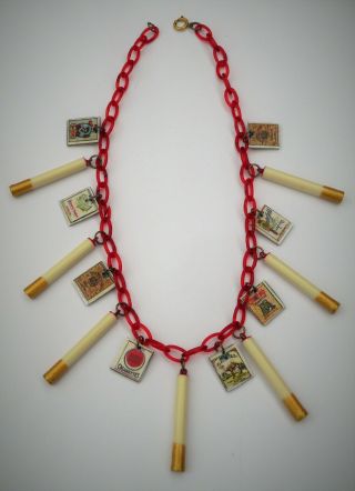 Vintage Red Celluloid Chain Handmade Cigarette Packs Charm Necklace