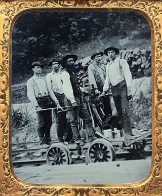 Rare Occupational Tintype - 5 Railroad Men On A Pump - Car,  Lunch Buckets & Tools