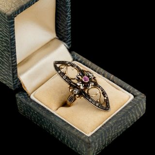Antique Vintage Art Nouveau 14k Gold Ruby & Rose Cut Diamond Pinky Ring Sz 4.  5