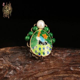 Chinese Antique Cloisonne Peacock Natural Jade Pearl Bronze Adjustable Ring