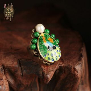 Chinese antique Cloisonne Peacock natural jade Pearl bronze Adjustable ring 2