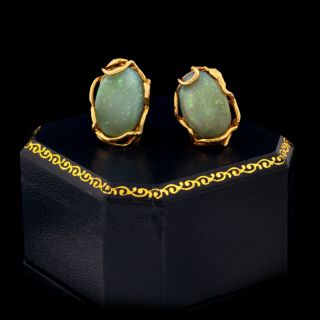 Antique Vintage Deco Mid Century 14k Gold Chinese Australian Fire Opal Earrings