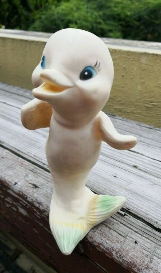 Vtg Rare Mexican Clone Squeaky Toy Happy White Dolphin Rubber 7.  5 " Figure Mexico