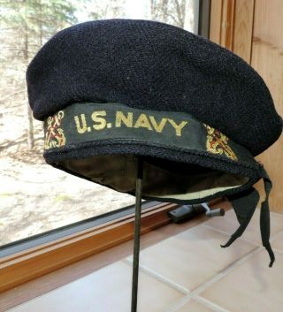 Vintage Wwii U.  S.  Navy Dress Blue Wool Hat Insignia Sailors Crackerjack