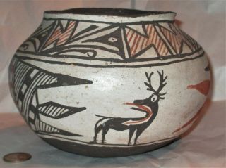 Wonderful Vintage Zuni Pueblo Indian Pottery Olla Or Jar Heartline Deer Ca 1900